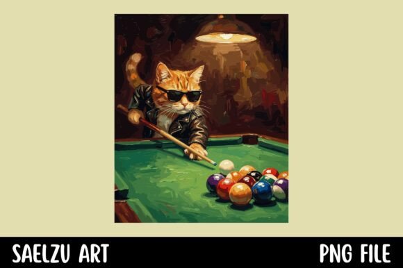 Cool Cat Playing Billiards: A Retro Graphic Design Asset